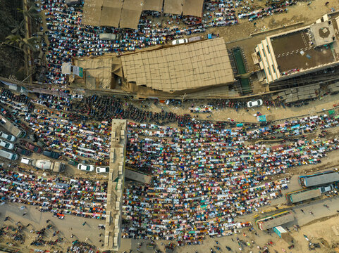 Aerial view of people worshipping at Global Muslims Congregation in Tongi, Dhaka, Bangladesh.