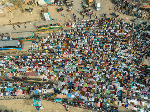 Aerial view of people worshipping at Global Muslims Congregation in Tongi, Dhaka, Bangladesh.