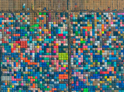 Aerial view of local market colourful tents at Minar Moshjid Tabling for the Global Muslims Congregation in Tongi, Dhaka, Bangladesh.