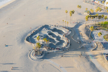 Aerial view of skatepark at Venice Beach, California, United States.