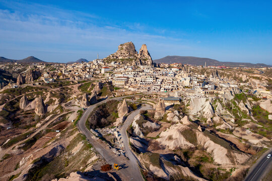 Aerial view of Uchisar in Cappadocia, Turkey.