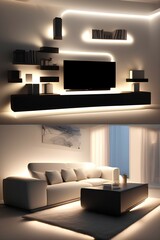 Modern designed furniture in livingroom with led backlight - generative ai