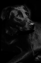 Perro negro rescatado posa en fondo negro