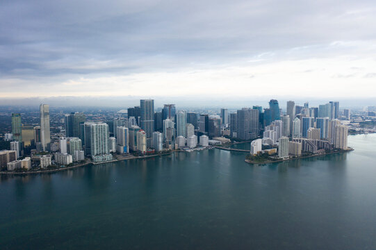 Aerial view of Miami downtown skyline with skyscrapers along the bay, Florida, United States.