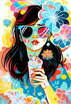 Hippie girl with sunglasses eating ice cream, floral background with lot of colors, art illustration 
generative ai