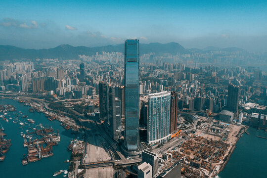 Aerial view of ICC tower on Kowloon side, Hong Kong.