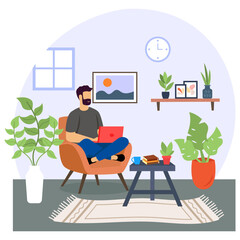 Apartment interior with armchair concept, Cosy study room vector color icon design, Green Office Worker symbol, Eco Friendly Workspace sign, aesthetic interior design elements stock illustration 