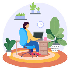 Work from home concept, Biomimicry inspired virtual Space vector color icon design, Green Office Worker symbol, Eco Friendly Workspace sign, aesthetic interior design elements stock illustration 