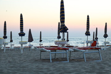 Beautiful beach with umbrella and chairs. Marotta, Province of Pesaro and Urbino, Italy