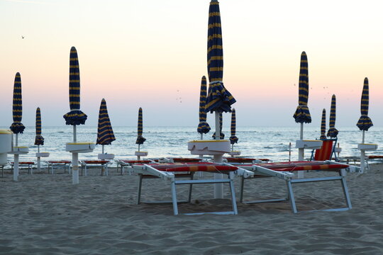 Beautiful beach with umbrella and chairs. Marotta, Province of Pesaro and Urbino, Italy
