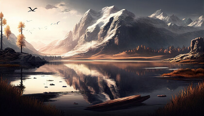 Fototapeta na wymiar Sunset over the lake, Mountains, Generative AI