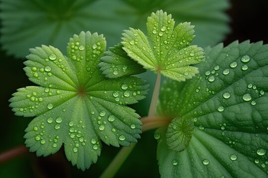 Alchemilla vulgaris green leaves in a summer garden with raindrops. Alchemilla mollis, often known as garden lady's mantle. Banner displays how water beading on its emerald leaves. Generative AI