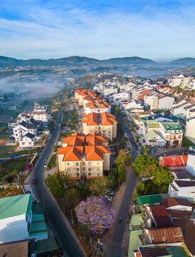 Aerial view of Dalat city. The city is located on the Langbian Plateau in the southern parts of the Central Highlands region of Vietnam