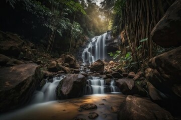 Scene of a waterfall in Thailand's Uttaradit province's Phu Soi Dao national park. Generative AI