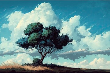 clouds and a tree in a blue sky. Generative AI