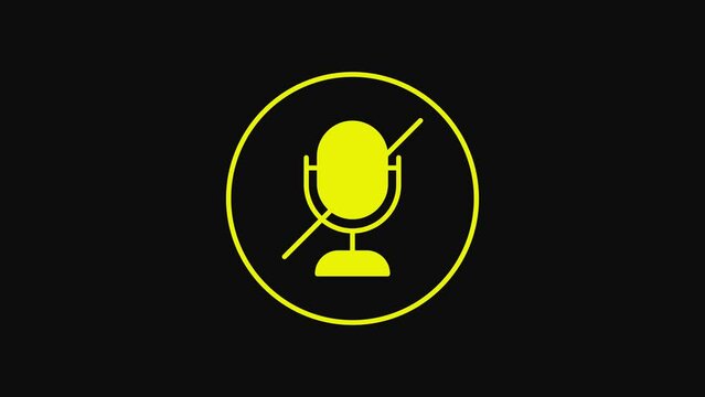 Yellow Mute microphone icon isolated on black background. Microphone audio muted. 4K Video motion graphic animation