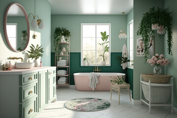 the general plan of the bathroom with plants in light green tones. Pink bath. Generative AI