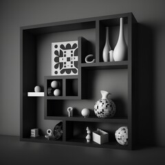 modern shelf black and white above each other style furnishings plates dishes old photo on the wall special  Generative AI 