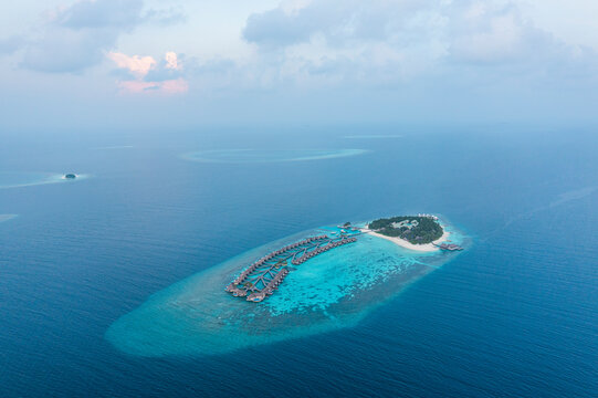 Aerial view of Fesdhoo island on Maldives archipelagos.