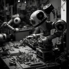 Fototapeta na wymiar Robot assembly as they work on a production line high-tech technology smart eyes worker iron metal Generative AI