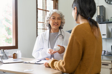 Doctor and patient are discussing at clinic. Digital healthcare and network connection, Data analysis concept