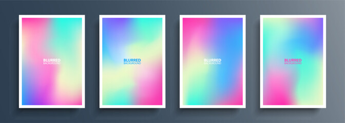 Set of blurred backgrounds with light soft color gradients. Holographic effect. Graphic templates collection for brochures covers, posters, flyers and cards. Vector illustration.