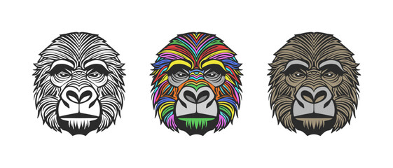 Vector set of wise serious and dejected gorilla heads on an isolated background. Black and white, multicolor sticker, logos or icons.