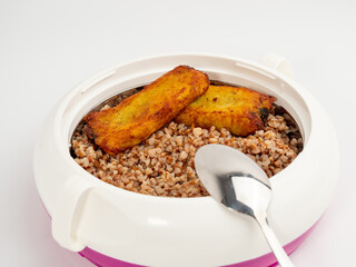 Thermos for food on a light background. Close-up