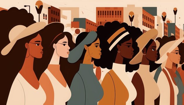 An illustration of a large group of women from diferent ethnicities in the street, generative AI
