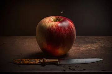Fotobehang fresh red apple and paring knife or a stainless steel apple slicer on a rustic wooden table. Images created with Generative AI technology © Jaiz Anuar