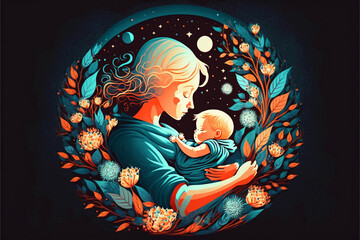 Illustration of mother with her little child, flower in the background. Concept of mothers day, mothers love, relationships between mother and child. Created with Generative AI technology.