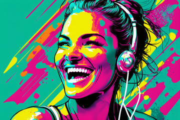 Attractive young woman wearing earbuds laughing. Pop art style. Generative AI - obrazy, fototapety, plakaty