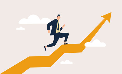 Career path to grow, achievement and success in job or leadership to win business concept, businessman running on rising arrow to the sky.