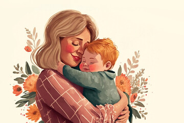 Illustration of mother with her little child, flower in the background. Concept of mothers day, mothers love, relationships between mother and child. Created with Generative AI technology.