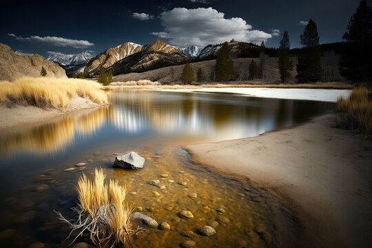 Long exposure image of Beaver Creek in Montana's Bears Paw Mountains from Somewhere On A Beach. Generative AI