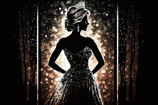 Portrait of Miss Pageant Beauty Contest in sequin Evening Ball Gown long dress with sparkle light Diamond Crown, silhouette unrecognized person over curtain and Sash background. Generative AI