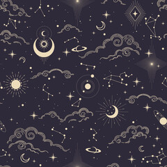 Seamless magic pattern with sun, moon, clouds, stars. Vector elements on dark background. Cosmos print. - obrazy, fototapety, plakaty