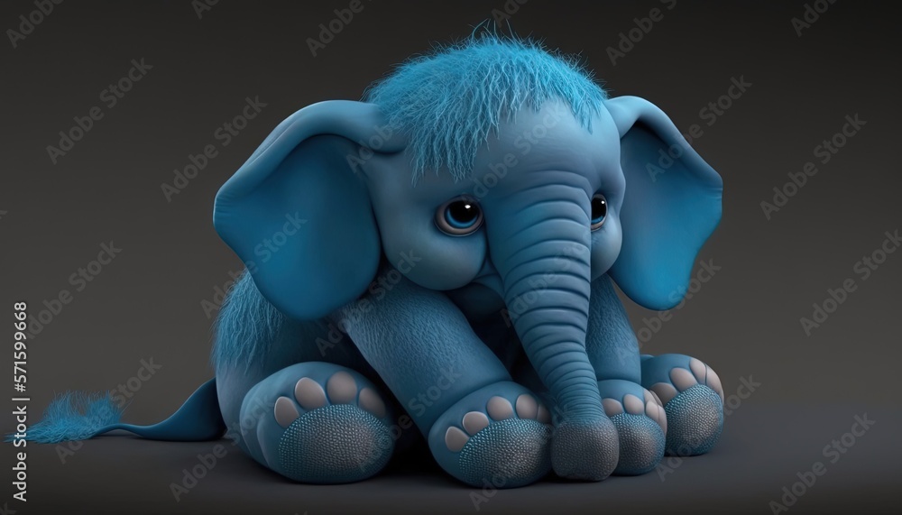 Poster a blue elephant sitting on the ground with its trunk up and eyes wide open, with a black background 