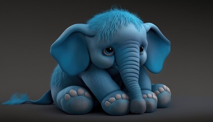  a blue elephant sitting on the ground with its trunk up and eyes wide open, with a black background and a gray background behind it.  generative ai