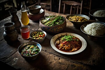 Various foods on a table in a restaurant in Myanmar. Generative AI