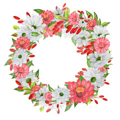 Hand-drawn watercolor wreath with garden flowers and barberry. An illustration for printing design, textile, scrapbooking. Isolated on white.	