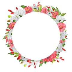 Round floral frame with white chrysanthemum, red zinnia, barberry branchlets. Garden clipart. For postcards, invitations. Hand-drawn watercolor illustration