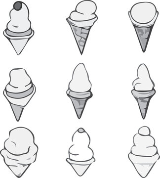 Set of images of ice cream cones in various interesting designs. Side view image. Various seasonings and textures.
