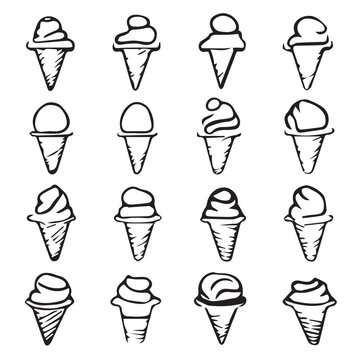 Set of images of ice cream cones in various interesting designs. Side view image. Various seasonings and textures.
