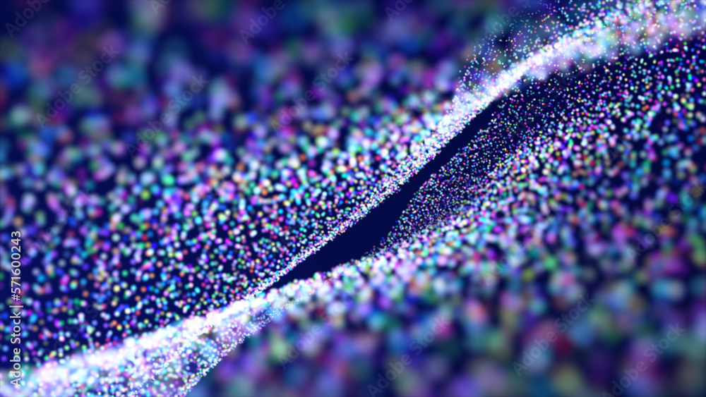 Poster Beautiful wave shaped array of glowing dots. Abstract dark background with connecting dots and lines. Abstract Waving Particle Technology Background Design.