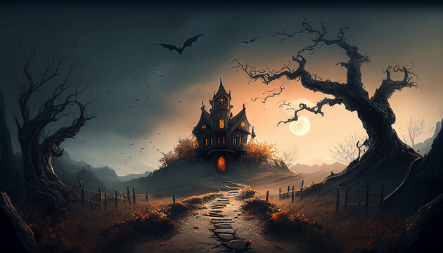 Halloween Karte mit Schloss auf Berg, Generative AI