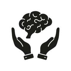 Mind Care Cpncept. Human Brain in Side View with Hands Silhouette Icon. Neurology, Psychology Glyph Pictogram. Brainstorm, Education, Logic, Knowledge, Memory Icon. Isolated Vector Illustration
