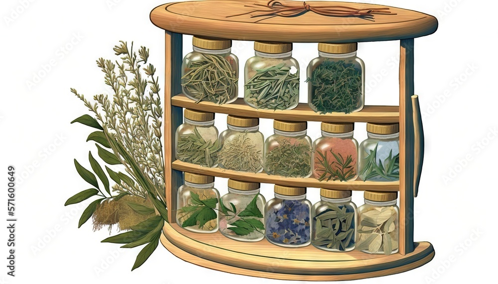 Poster a wooden shelf filled with lots of different types of spices and herbs on top of each shelf is a pla