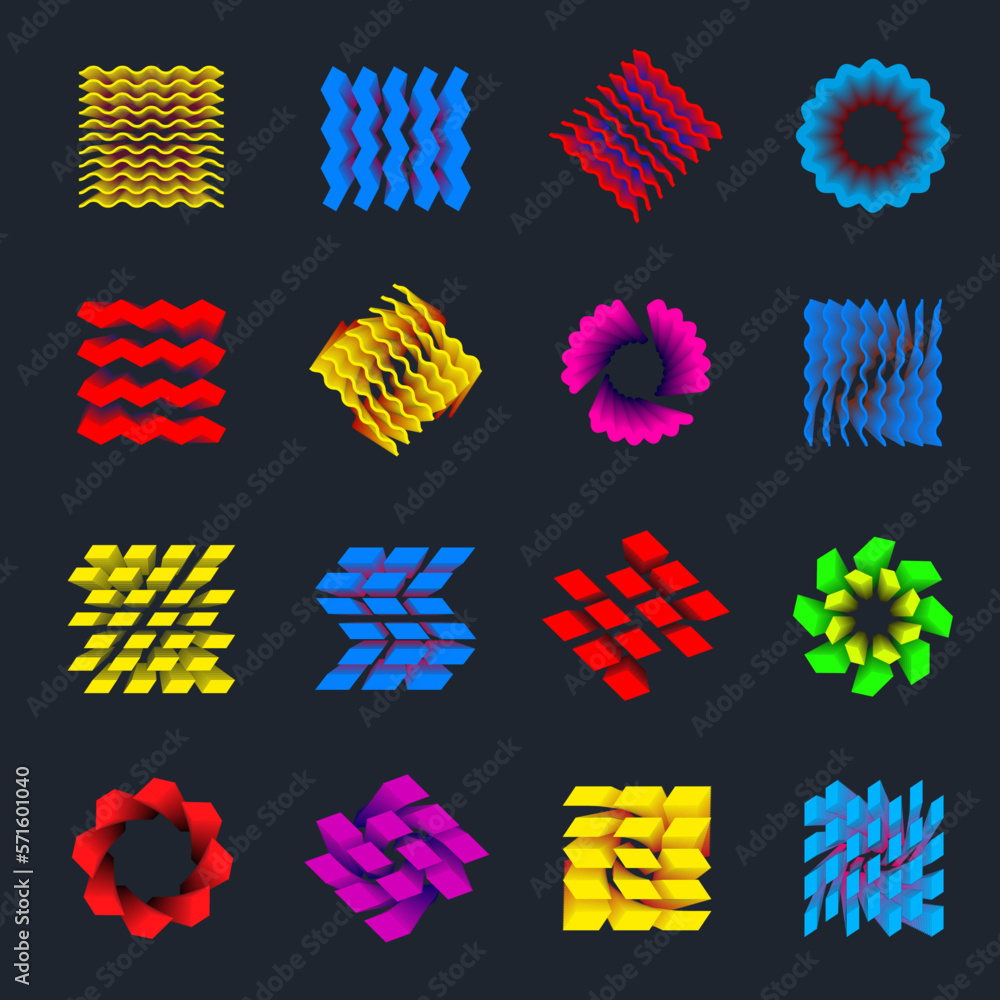 Poster Vector tag with bright gradient design, zigzag illustration in different geometric shapes on a dark background.