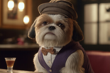 A Shih Tzu dog is a charming gangster in a fancy restaurant, with a waistcoat, hat and tie that adds to his allure, generative ai